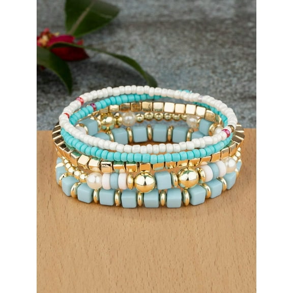 EOEMY 5Pcs/Set Sky Blue Beaded Bracelet Women Bracelet Stackable Bracelet Crafted-Default