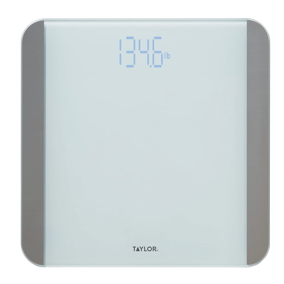 Báscula digital de baño Taylor Glass para medir el peso corporal con sensores de movimiento y luz, pantalla LED brillante, 200 kg, color blanco