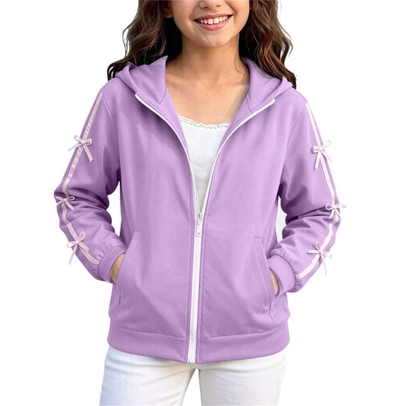 VEKDONE Girls Zip Up Hoodie Long Sleeve Hooded Sweatshirt With Cute Ribbon Bow and Pockets Kids Fall Spring Back to School Active Outerwear