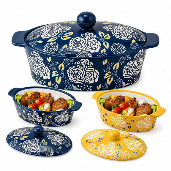 Blue Ceramic Oval Casserole Dish With Lid Oven Baking Cookware