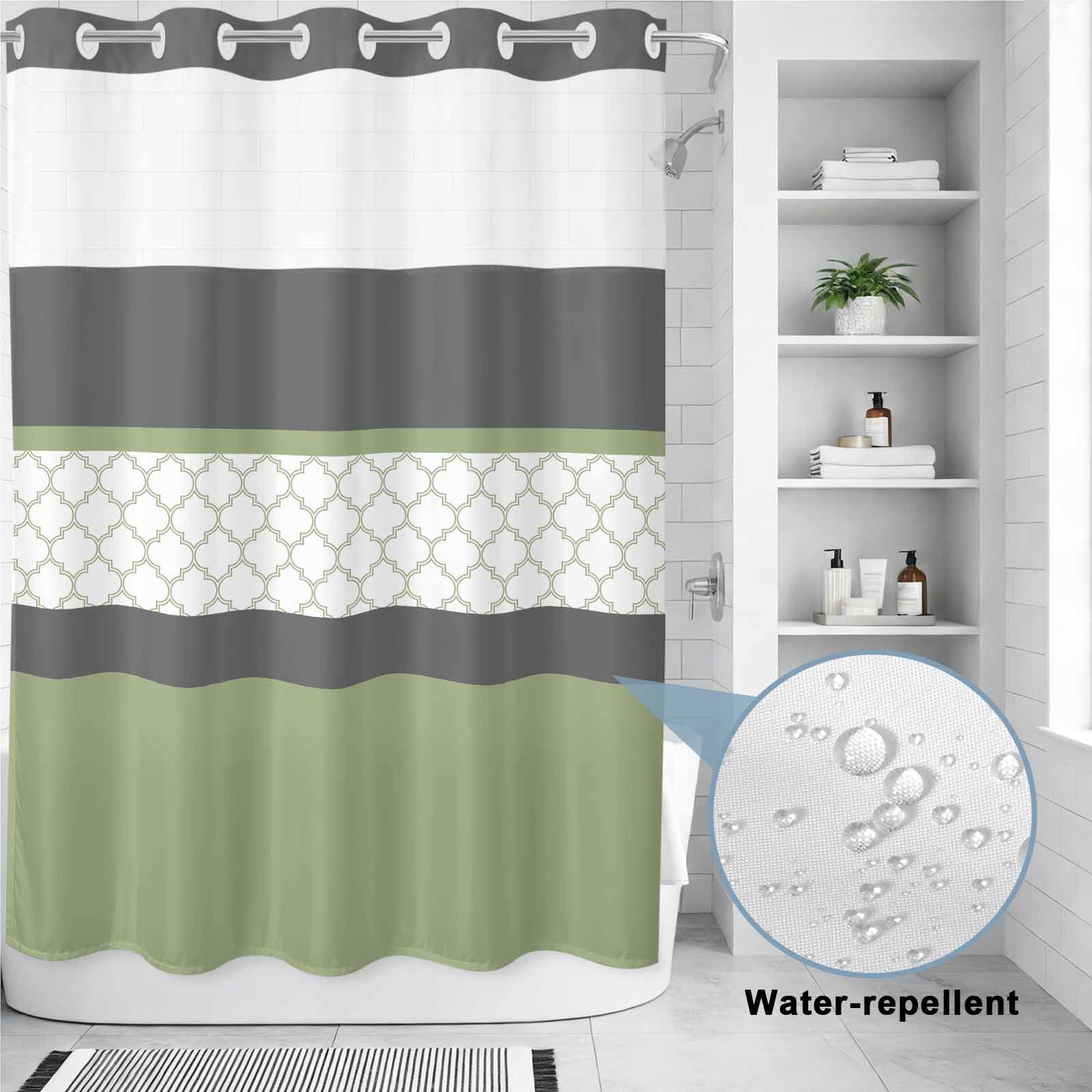 No Hook Shower Curtains for Bathroom Sage Green Morocco Waterproof Shower Curtain Restroom Decor Modern Stitching Geometric Striped Grey Bathtub Bath Curtains with See Through Top Window 60x72 Inch