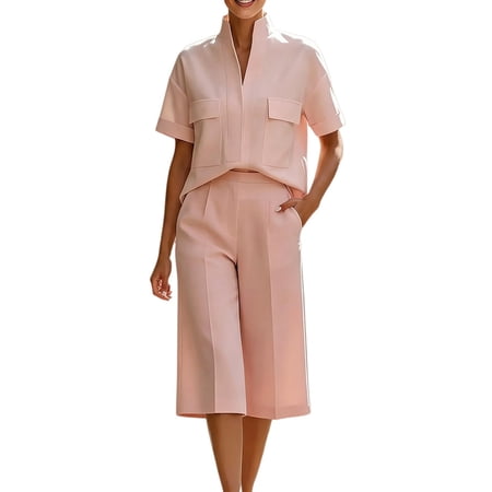 PUMXQ Women Dressy 2 Piece Outfits V Neck Short Sleeve Button Down Top High Waist Wide Leg Midi Capri Culottes Casual Office Pantsuit Set Pink XL PUMXQ Women Dressy 2 Piece Outfits V Neck Short Sleeve Button Down Top High Waist Wide Leg Midi Capri Culottes Casual Office Pantsuit Set Pink XL