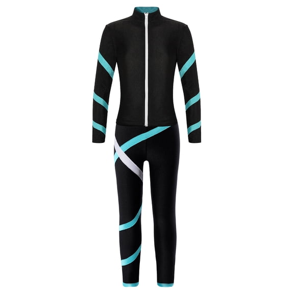 Xnihocha Kids Girls Tracksuit Long Sleeve Zipper Jacket Top with Leggings Set Slim Fit Athletic Blue Green 10