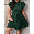 thumbnail image 3 of Dark Green Plus Size Ruffle Sleeve Belted A-Line Casual Dress, 3 of 5