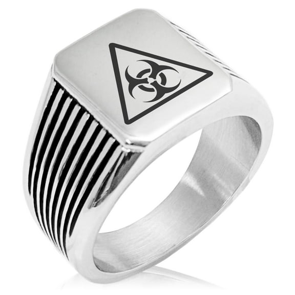 Stainless Steel Biohazard Triangle Needle Stripe Pattern Biker Style Polished Ring