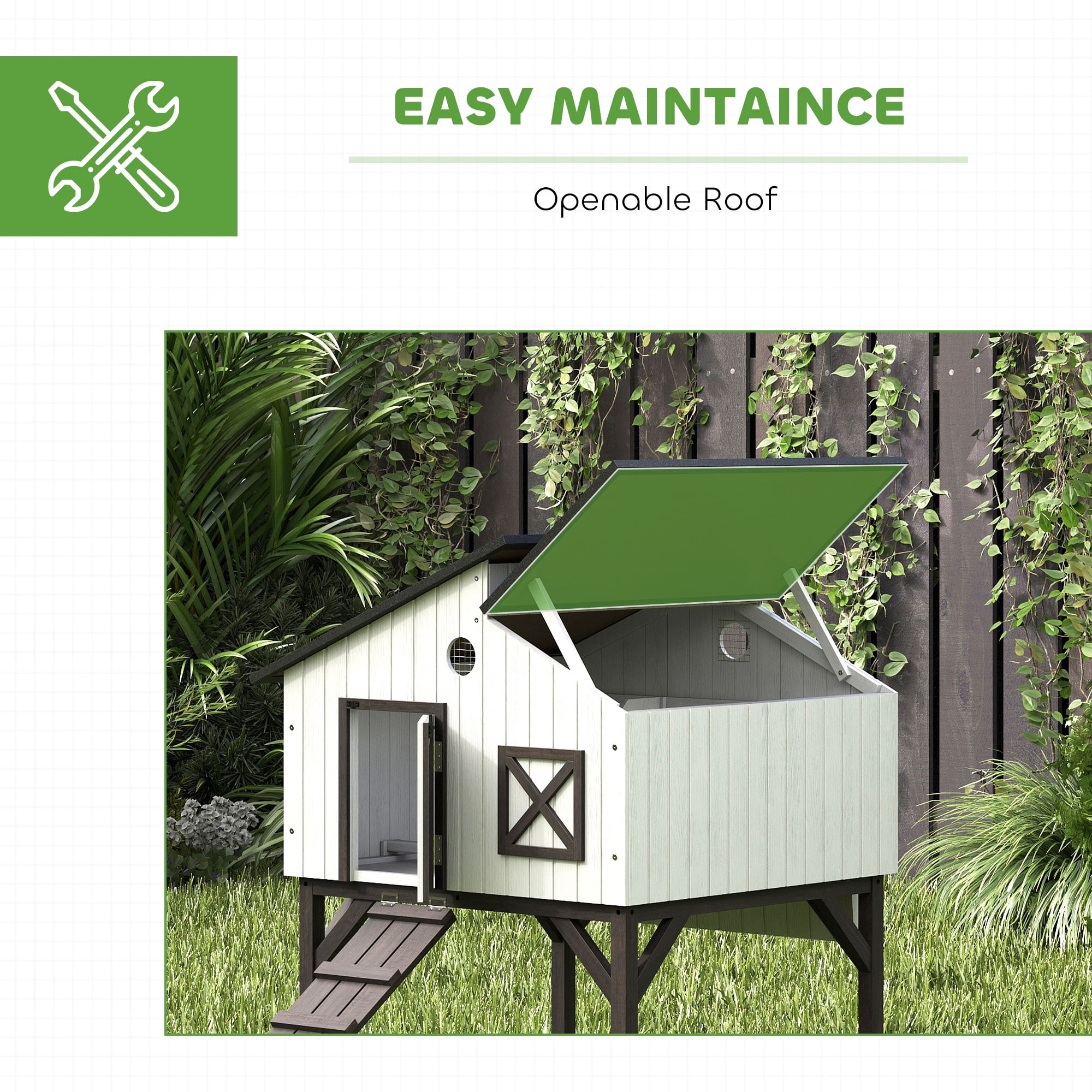 PawHut Chicken Coop Hen House with Nesting Box, Elevated Rabbit Hutch with Ramp, Asphalt Openable Roof and Elevated Legs, Outdoor Wooden Duck House