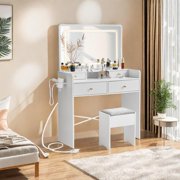 JanflyHome Vanity Desk with Mirror and Lights, Storage Stool, 41 Large Makeup Dressing Table for Girls Women Bedroom, White