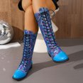 thumbnail image 2 of Rokment Womens Bling Sequin Patchwork Knee High Combat Boots Retro Leather Pointed Toe Chunky Low Heels Mid Calf Riding Dress Long Booties, 2 of 8
