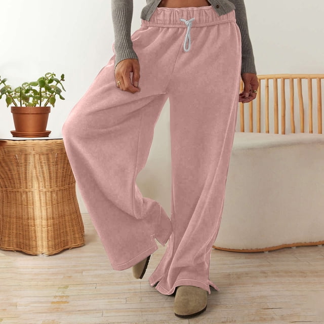 AherBiu Wide Leg Pants for Women Fleece Lined Drawstring Elastic Waisted Solid Color Pants Fall Winter Wide Leg Yoga Pants