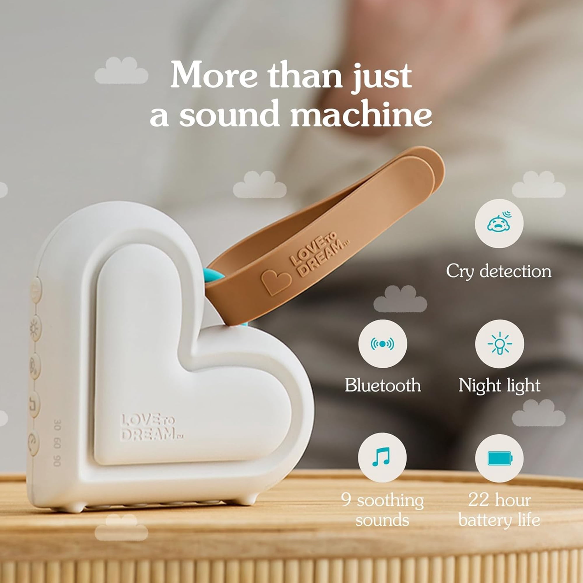 Love to Dream Sleep Machine, Portable Sound Machine with 9 Soothing Sounds, Night Light for Babies, White