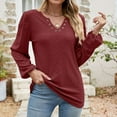 thumbnail image 4 of WREESH Womens Fashion Dressy Tops Solid Color Jacquards V-Neck Long Sleeve Loose T-Shirt Pullover Wine, 4 of 6