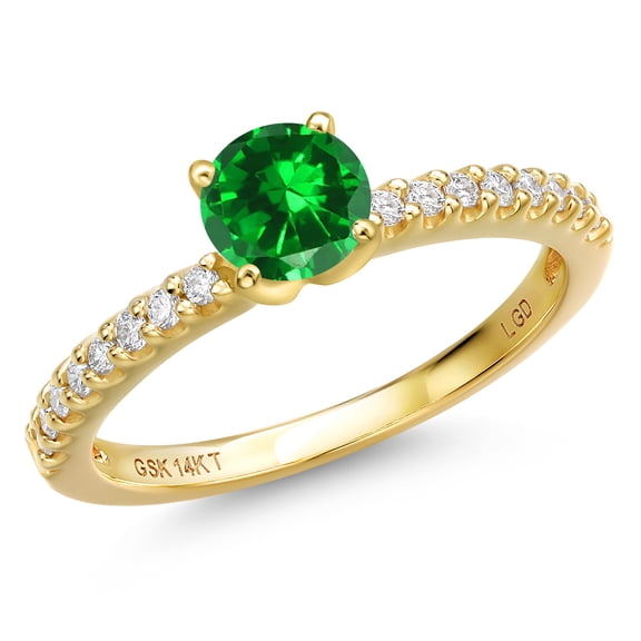 Gem Stone King 14K Yellow Gold Green Created Emerald and Lab Grown Diamond Engagement Ring for Women | 1.00 Cttw | Round 5MM | Gemstone May Birthstone | Size 8