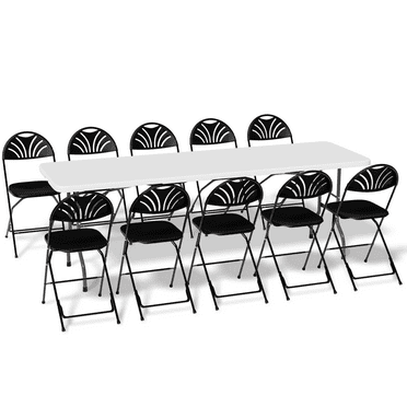 MoNiBloom 11 Pieces Heavy Duty Utility 8 Ft Folding Plastic Dining Table w/Handle and Chair Set, Outdoor Picnic White Desk