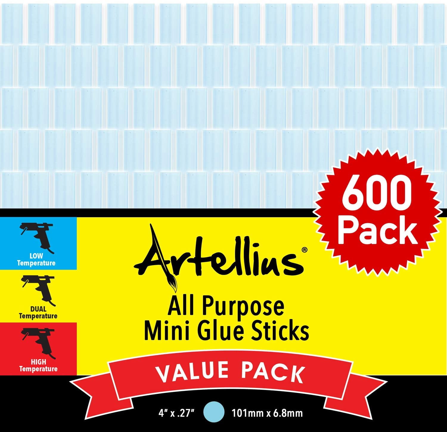 Artellius Pack of 600 Mini Hot Glue Gun Sticks Bulk, 4" x 0.27", Compatible with Most Glue Guns