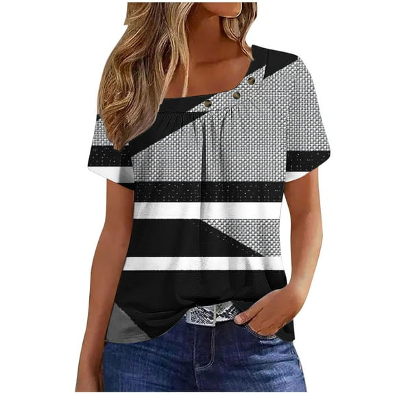 Simua Women's Summer Fashion Tops, Ladies Short Sleeved Pleated T-shirt Printed Round Neck 3 Button Tunic Top Gray L