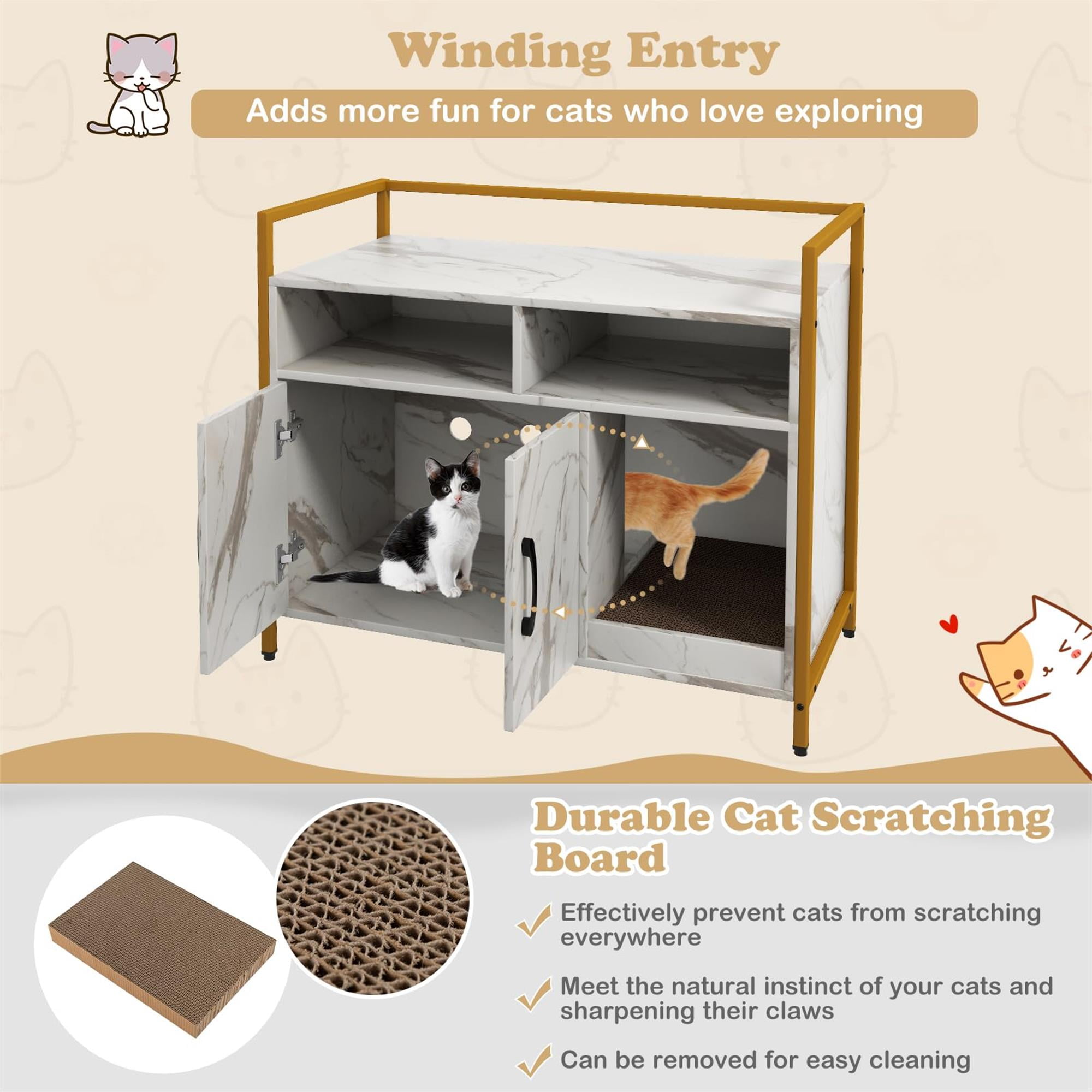 Kadyn 35" Hidden Cat House Washroom with 2-Doors and Scratch Cardboard, Wooden Cat Litter Box Enclosure Furniture, White