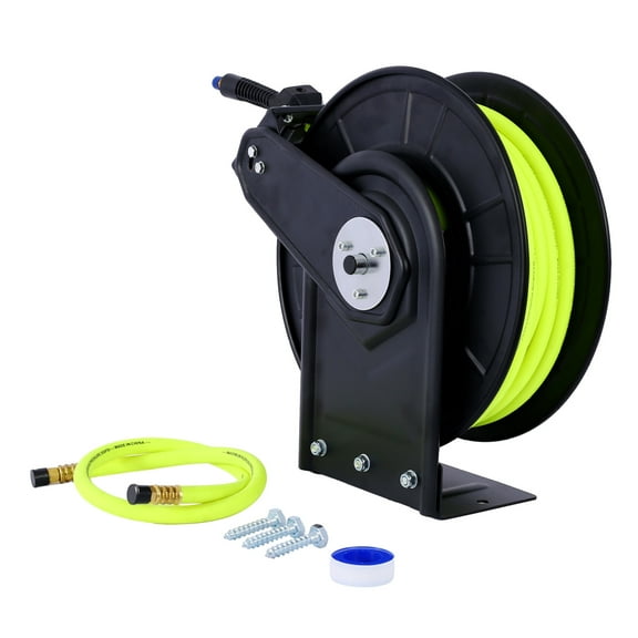Retractable Air Hose Reel With 3/8" Inch x 50' Ft,Heavy Duty Steel Hose Reel Auto Rewind Pneumatic,Industrial Grade Rubber Hose,300 PSI,Black