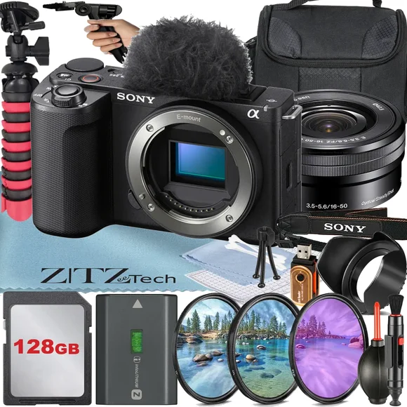 Sony ZV-E10 II Mirrorless Camera (Black) with 16-50mm Lens + 128GB Card + Case + 3 Pieces Filter + ZeeTech Accessory Bundle