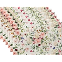 Spring Flower Placemats Set of 6,Pink White Rose Eucalyptus Leave,Waterproof Non-Slip Washable Table Mats Set for Kitchen Dining Holiday Party Wedding Decor 12x18 Inch