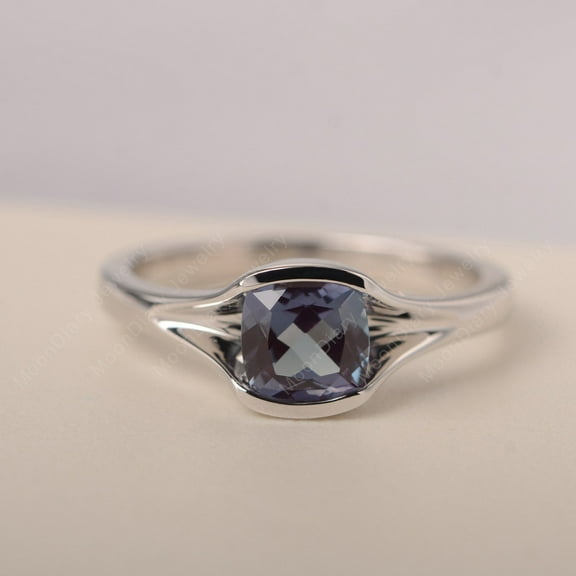 Solitaire ring half bezel setting alexandrite ring engagement ring cushion cut June birthstone