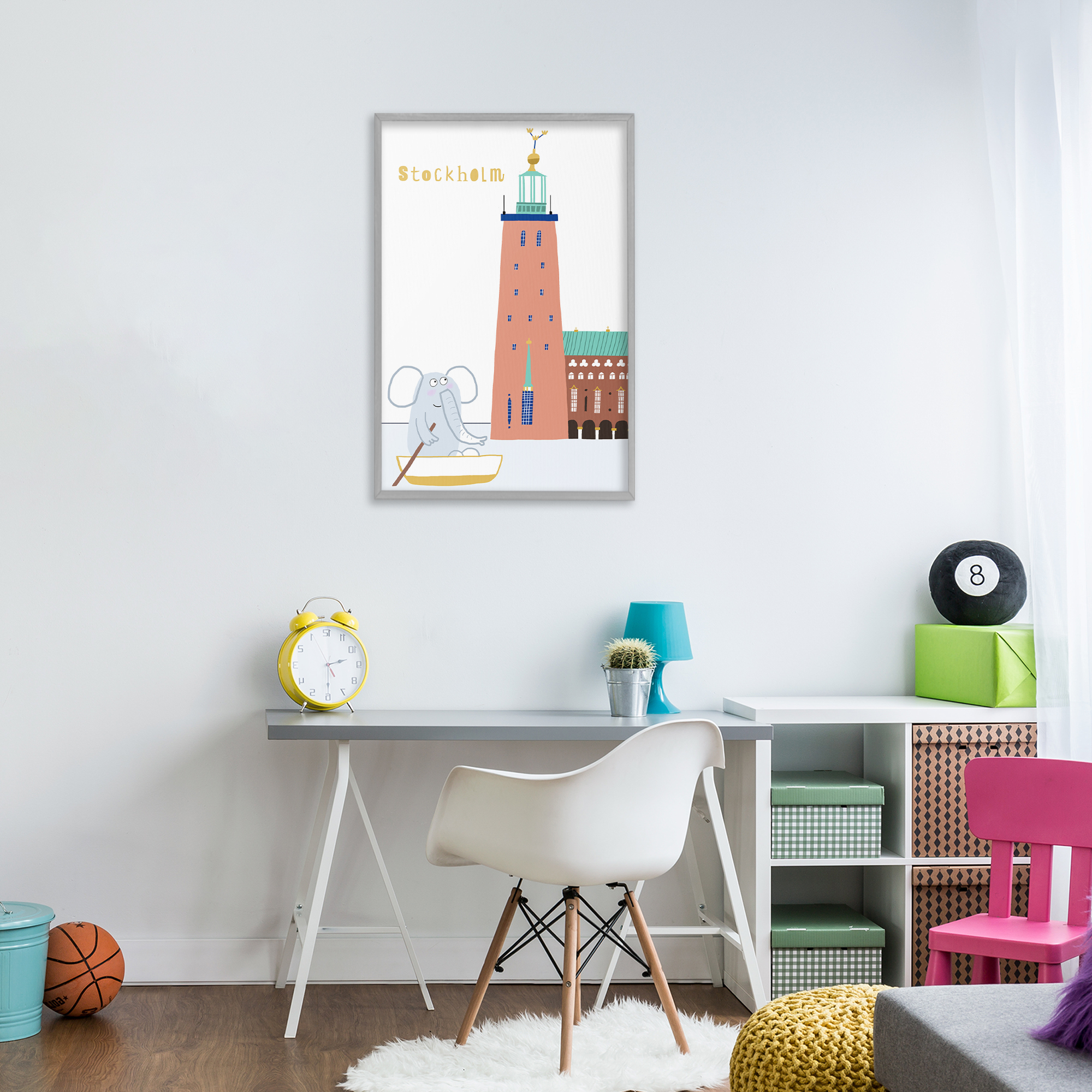 Elephant in Stockholm Boat Gray Framed Giclee Art, design by Carla Daly