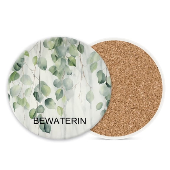 BEWATERIN Ceramic Drink Coasters Absorbent Set of 1, Ceramic Stone Cork Coasters for Drinks Tableware Kitchen Living Room Office Decoration Bar Eucalyptus Leaves(4*4 Inch)