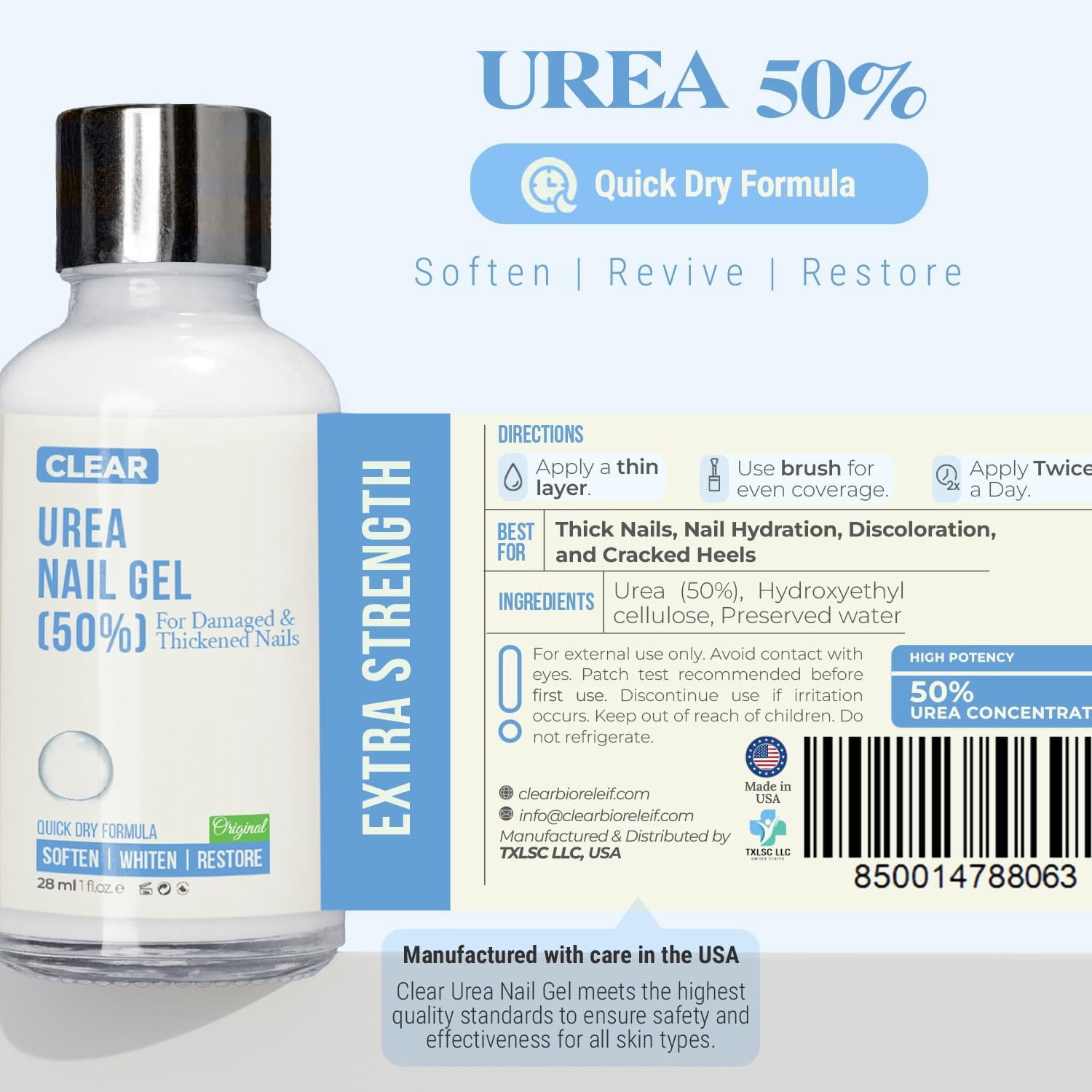 50% Urea Nail Gel - Softens Cracked Heel Calluses & Thick Toenails - Repairs Damaged, Yellow, Discolored Nails – Highly Effective & Quick-Dry Fingernails & Toenail Treatment | Made in USA