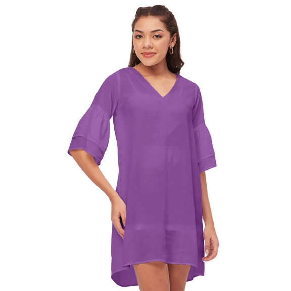 Moomaya Shift Dresses For Women, Tiered Bell Sleeves, V-Neck Short Solid Color Dress
