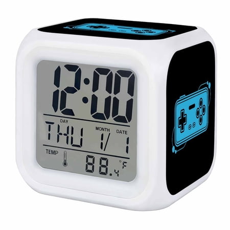 Blue Game Handle Digital Alarm Clock for Bedrooms, Smart LED Alarm Clock with 7 Color Changing Night Light, Video Gamer Console Earphones Black Silent Wake Up Clocks for Sleep Study Cooking 3.2x3.2