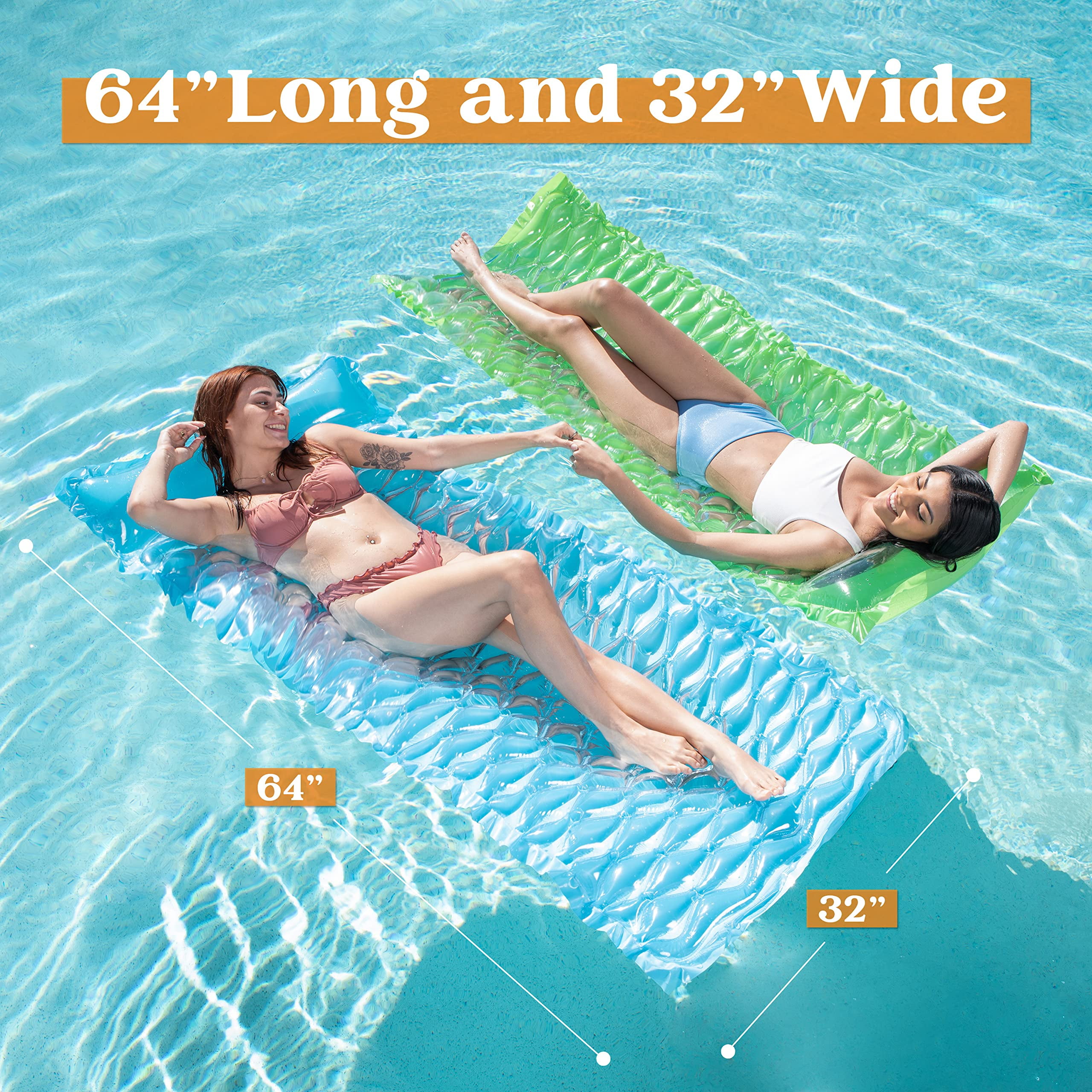 Joyfy 3 Pack Inflatable Pool Mat with Headrest, Adult Float Lounge Swimming Pool Mattress Water Mat, Durable Air Floating Rafts