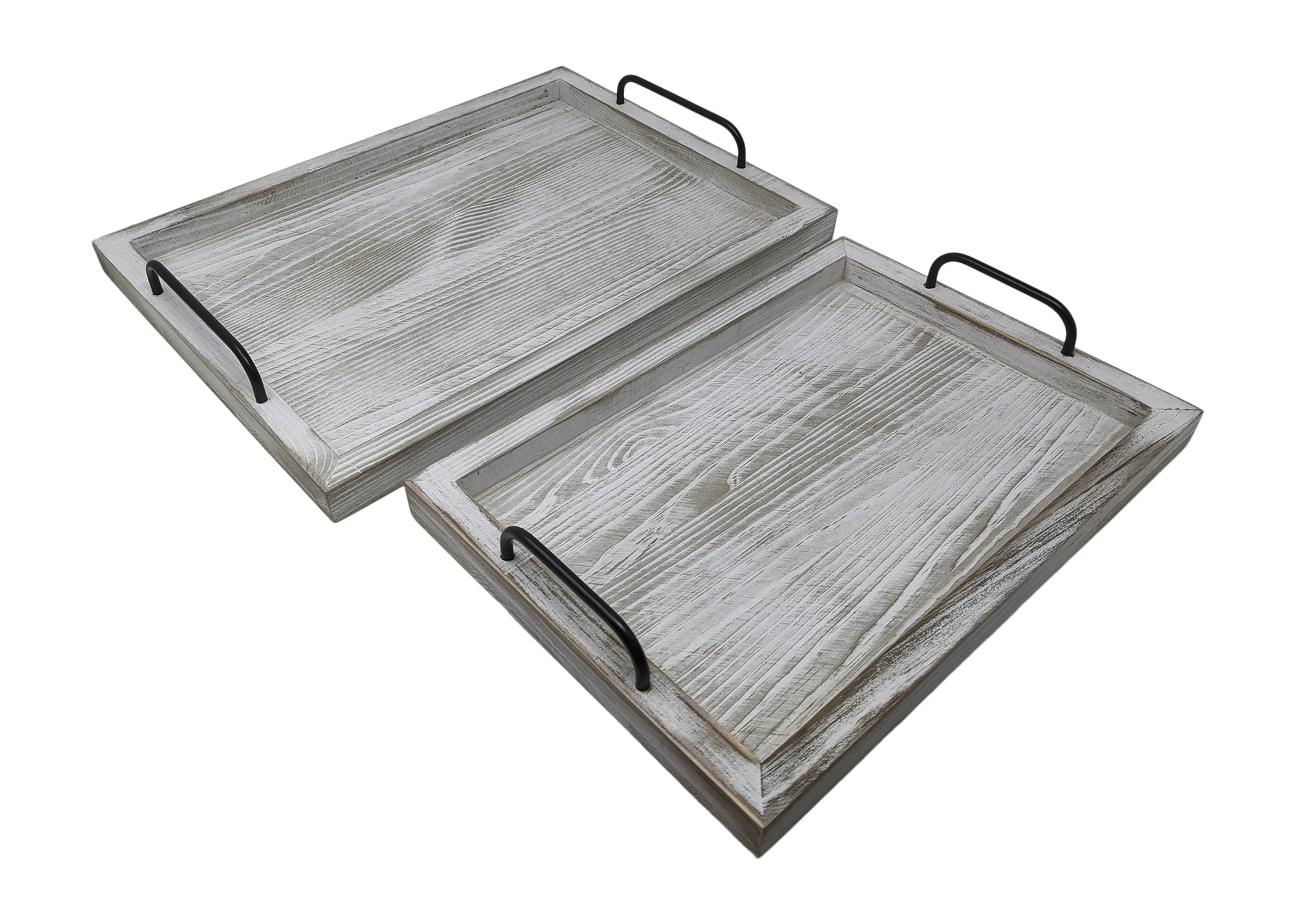 Gianna's Home Rustic Farmhouse Set of 2 Food Serving Trays with Metal Handles (Rustic White)