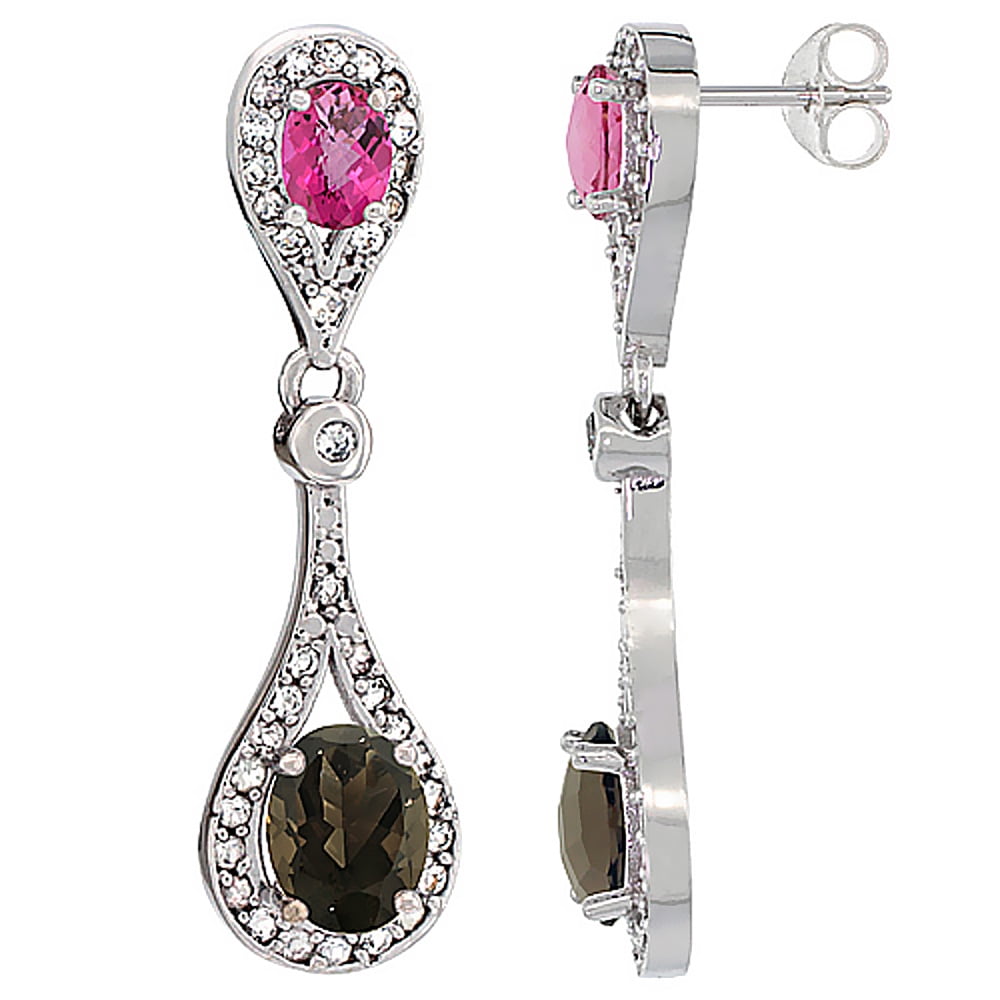 10K White Gold Natural Smoky Topaz & Pink Topaz Oval Dangling Earrings White Sapphire & Diamond Accents, 1 3 8 inches... by WorldJewels
