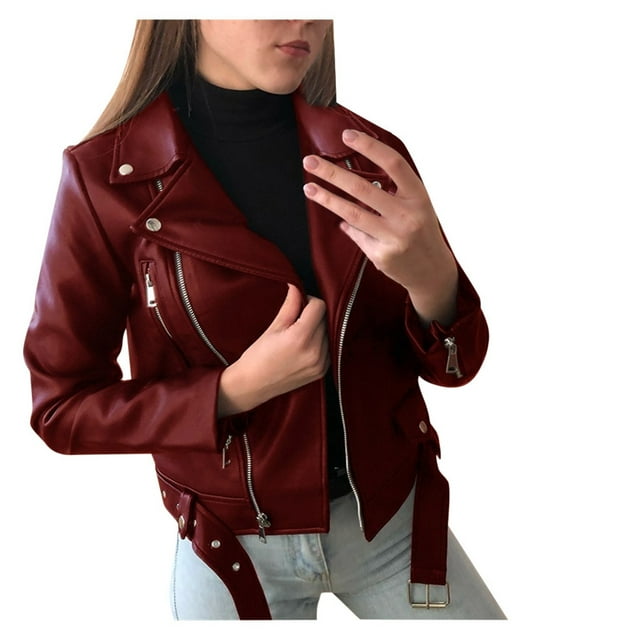 Kcodviy Women Cool Faux Leather Jacket Women Jacket Long Sleeve Zipper Womens Pullover Fleece Fitted Coat Fall Short Jacket for Women Lightweight Jacket