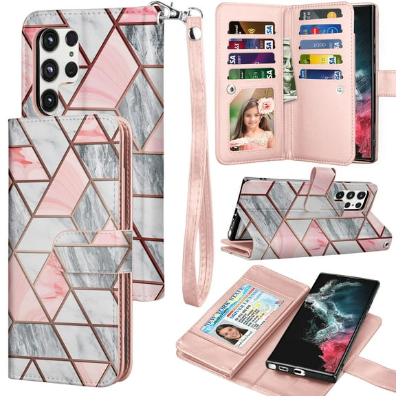 Galaxy S10 S20 S21 FE S22 Ultra Case, Galaxy S22 Ultra Wallet Case, PU Leather Credit Card Slots Holder Carrying Folio Flip Cover [Detachable Magnetic Case] Kickstand for Galaxy S22 Ultra