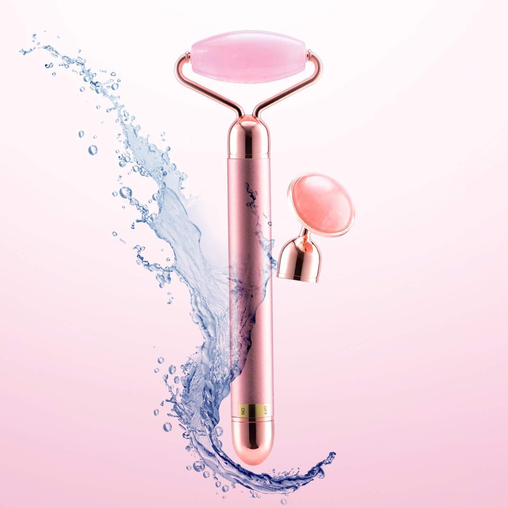 Vibrating Rosejoice Pink Rose Quartz Facial Roller and Eye Massager,2