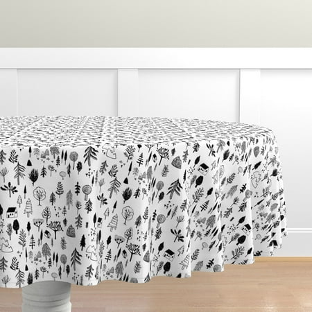

Cotton Sateen Tablecloth 90 Round - Happy Forest Black White Tree Pine Woodland Neutral Woods Hiking Trees Mountain Nature Christmas Print Custom Table Linens by Spoonflower