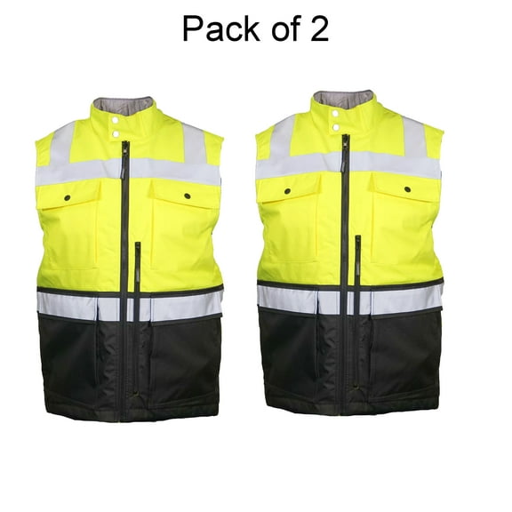 Kishigo Hi Vis Insulated Safety Work Vest, ANSI Class 2 High Visibility Safety Vest for Men, Pack 2 Lime M