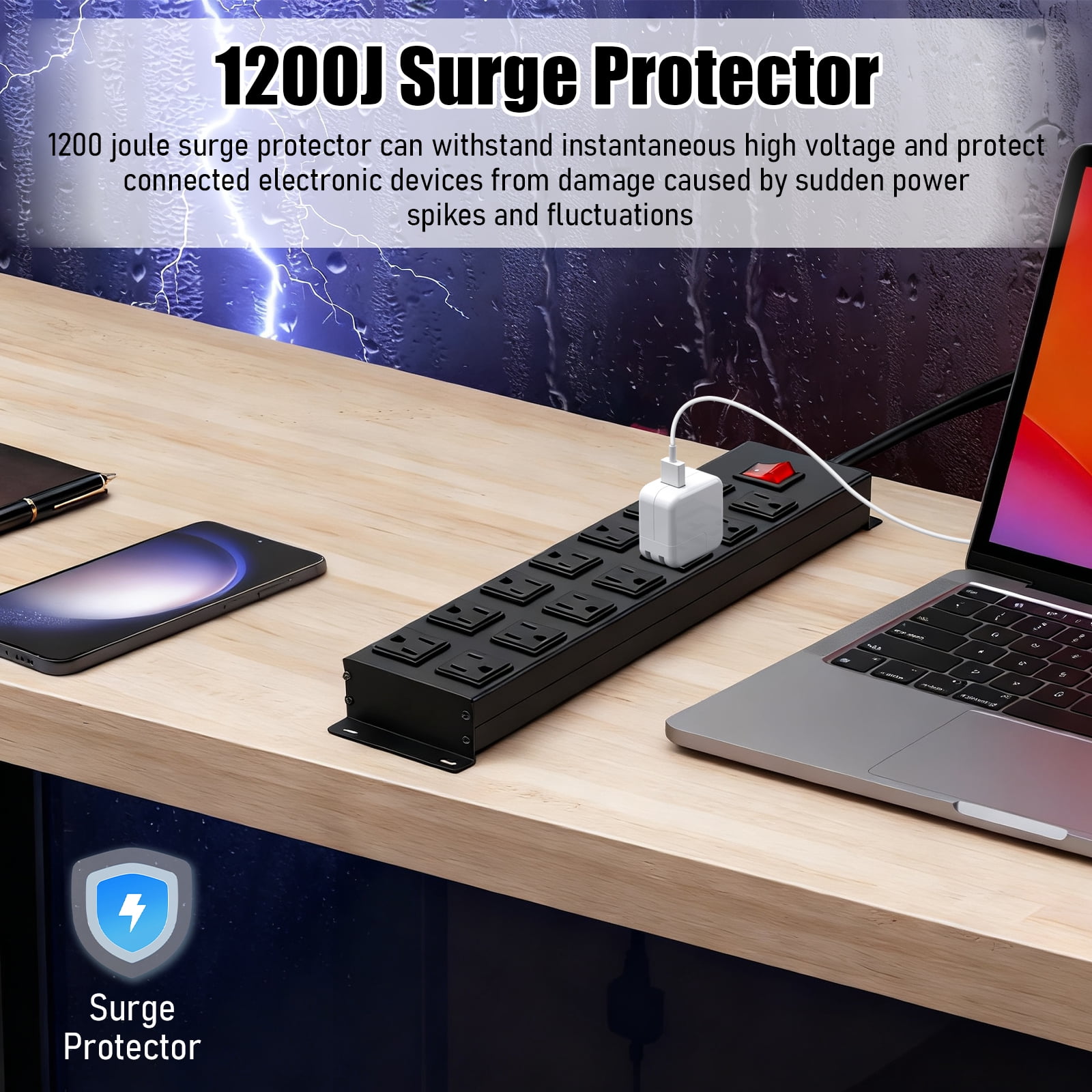 VILONG Heavy-duty 16-outlet surge-protected power strip, 1200J/1875W, wall-mounted power strip with a 6-foot power cord, suitable for garage workbenches, office desks, gaming PCs, and computers