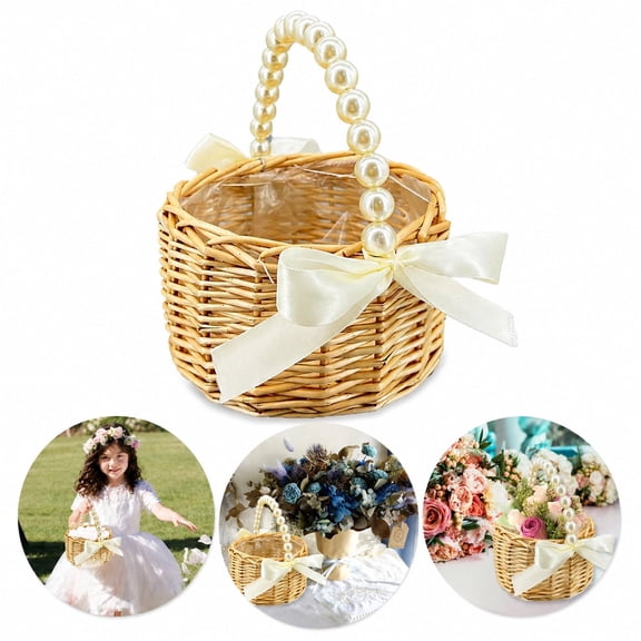 Wicker Rattan Flower Girl Basket with Bow & Pearl Handle, Handwoven Decorative Flower Basket, Reusable Flower Girl Baskets for Wedding Flower Girl Proposal & Home Decor Canastas para Decoracion