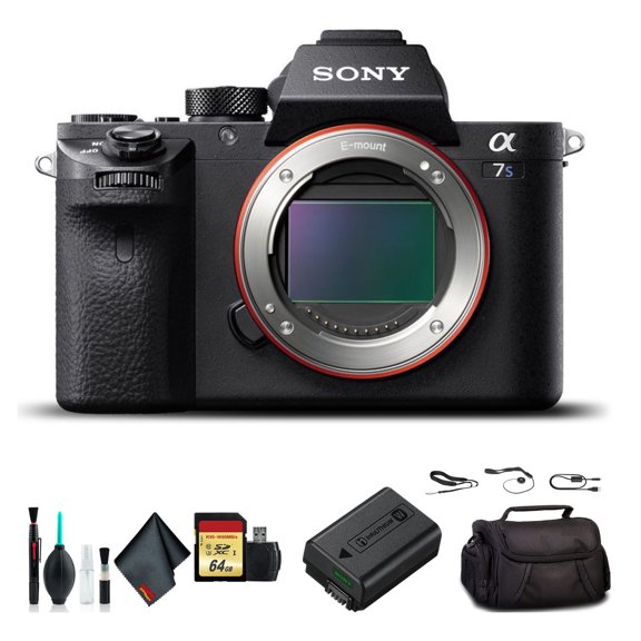 Sony Alpha a7S II Full-Frame Mirrorless Video Camera (ILCE7SM2/B) Low-Light Bundle with Soft Bag, Extra Battery, 64GB Card, Charger and Cleaning Kit (International Model)