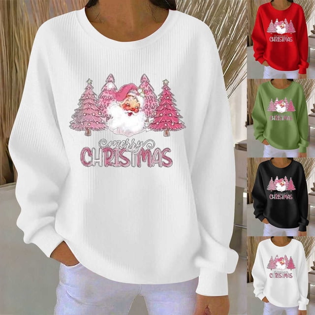 Yteetum Chandails en Molleton de Noël pour Femmes, Col Rond, Tricot Côtelé, Chandail Sans Capuche, Imprimé Graphique, Manches Longues