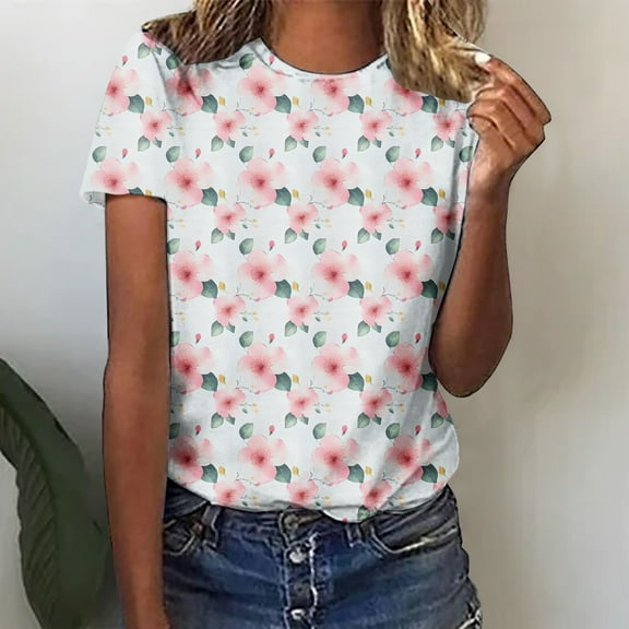 Sakmal Floral T-Shirts for Women Loose Fit Crew Neck Short Sleeve Shirts Casual Tops for Women