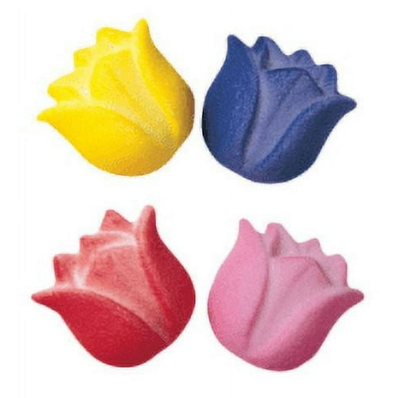 24pk Medium Tulips 1 1/4" Edible Sugar Decoration Toppers for Cakes Cupcakes Cake Pops w. Edible Sparkle Flakes & Decorating Stickers