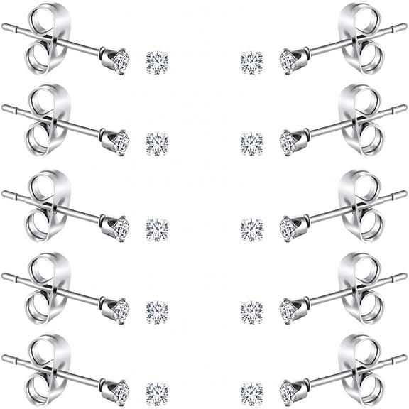 DESIGNICE 10 Pairs Tiny Womens Surgical Stainless Steel Clear Cubic Zirconia Stud Earrings,Hypoallergenic 316L Earrings Set