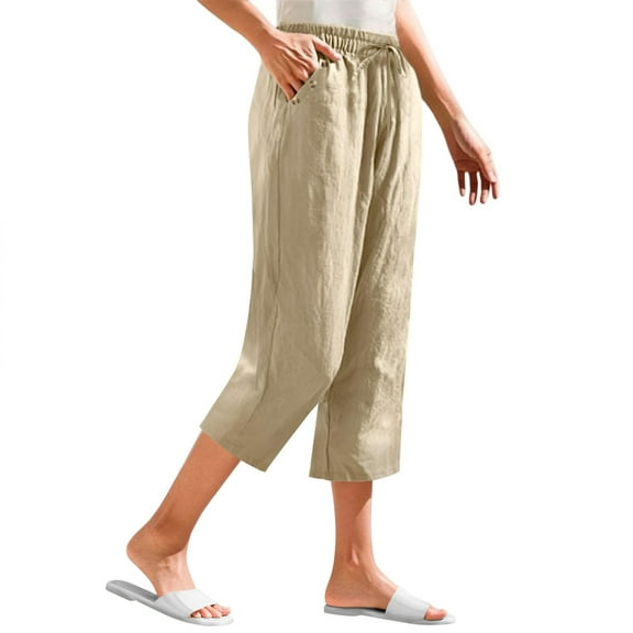Mitankcoo Women's Cotton Linen Casual Capris - Elastic Waist Cropped Pants for Spring/Summer/Fall - S-3XL