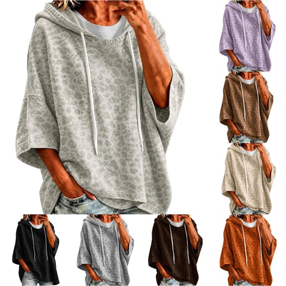 Xijirk Women's Leopard Print Pullover Hoodie Short Elbow Sleeve Relaxed Fit Cropped Animal Pattern Sweatshirt Top For Comfort Everyday Casual Outfits,Light Gray,XXL