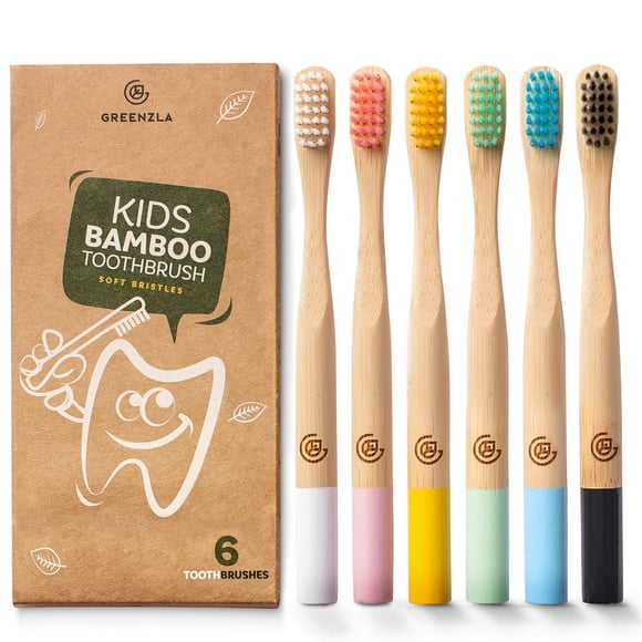 Cepillo de dientes Greenzla Kids de bambú, sin BPA, cerdas suaves, 6 unidades
