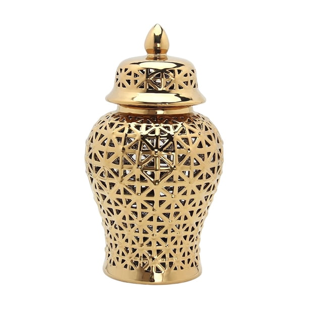 Cateissary Tarro de jengibre hueco de porcelana con tapa Organizador de tarros de templo Decoración del hogar Oro 19cmx36cm S