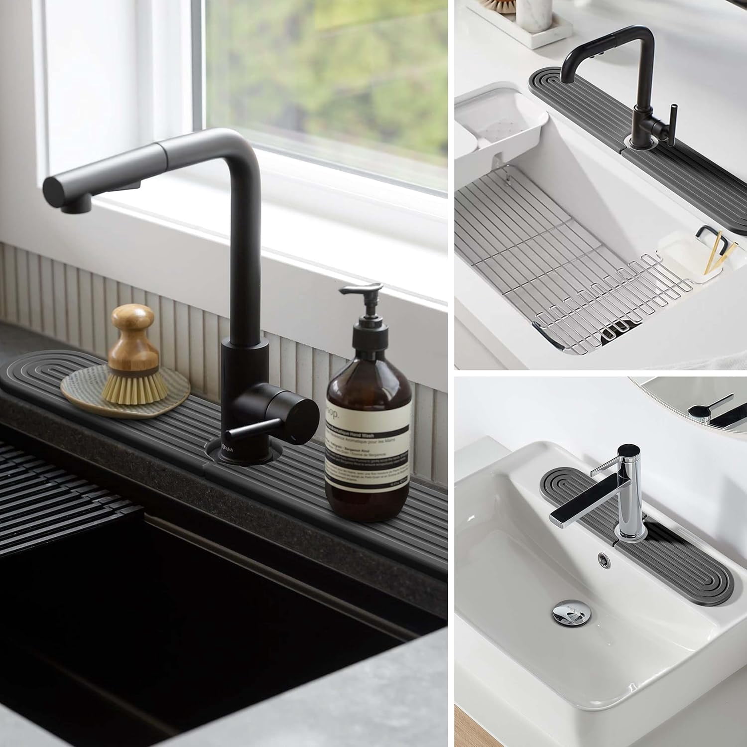 Stone Faucet Mat for Kitchen Sink – Diatomite Fast-Drying Stone Tray, Faucet Mat Sink Splash Guard, Decorative Sink Protector for Kitchen Bathroom Counter [Dark Gray, 17.7''x3.9'']