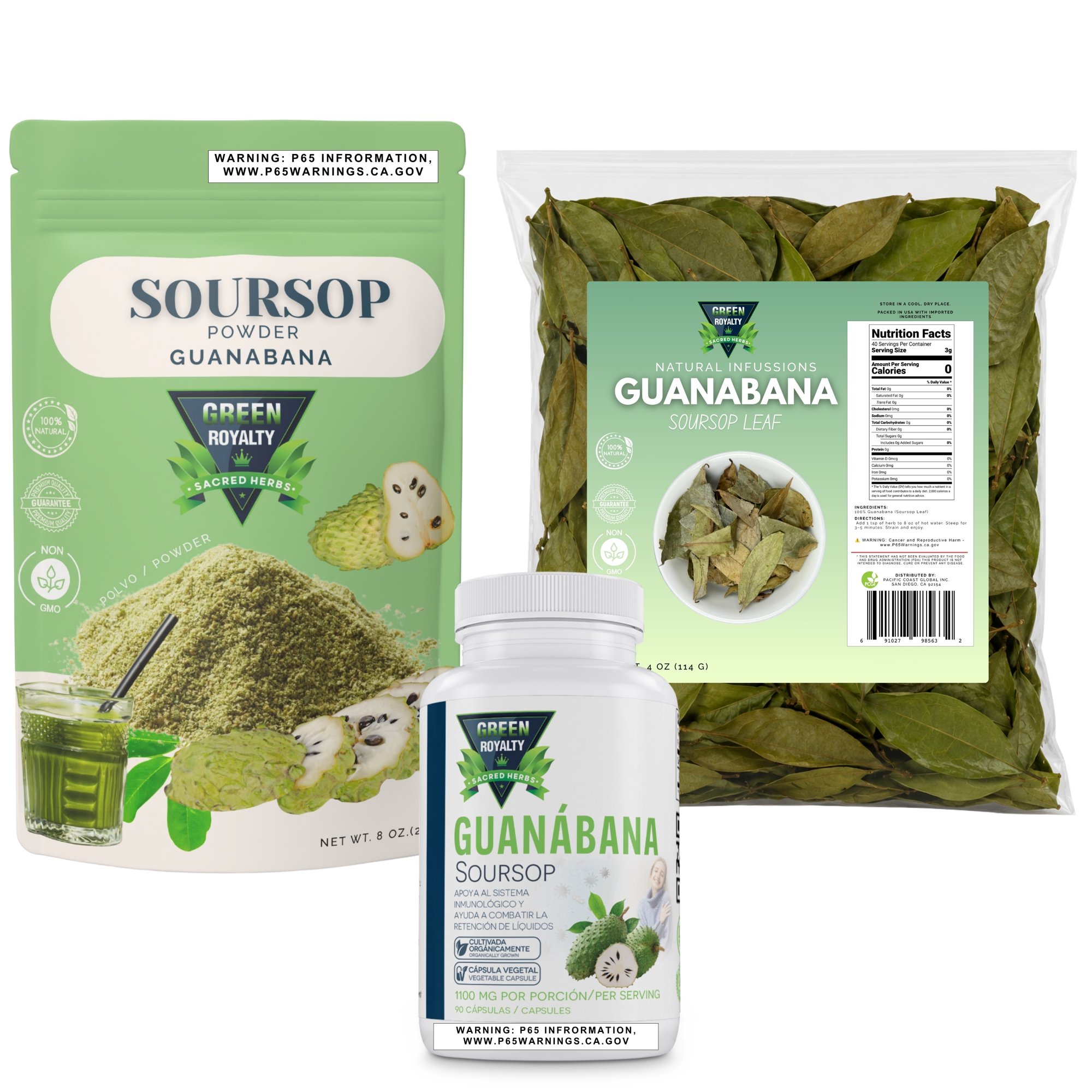 Green Royalty Soursop Wellness Bundle – Leaf Tea, Powder & Capsules | Guanabana Herbal Superfood Pack, Non-GMO, Resealable Bag